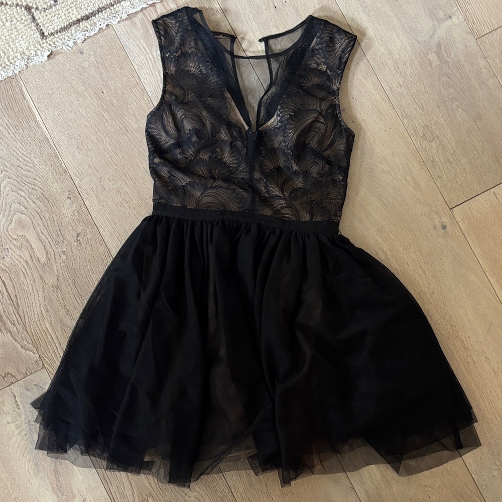 Elegant Black Lace and Tule Deep V Dress